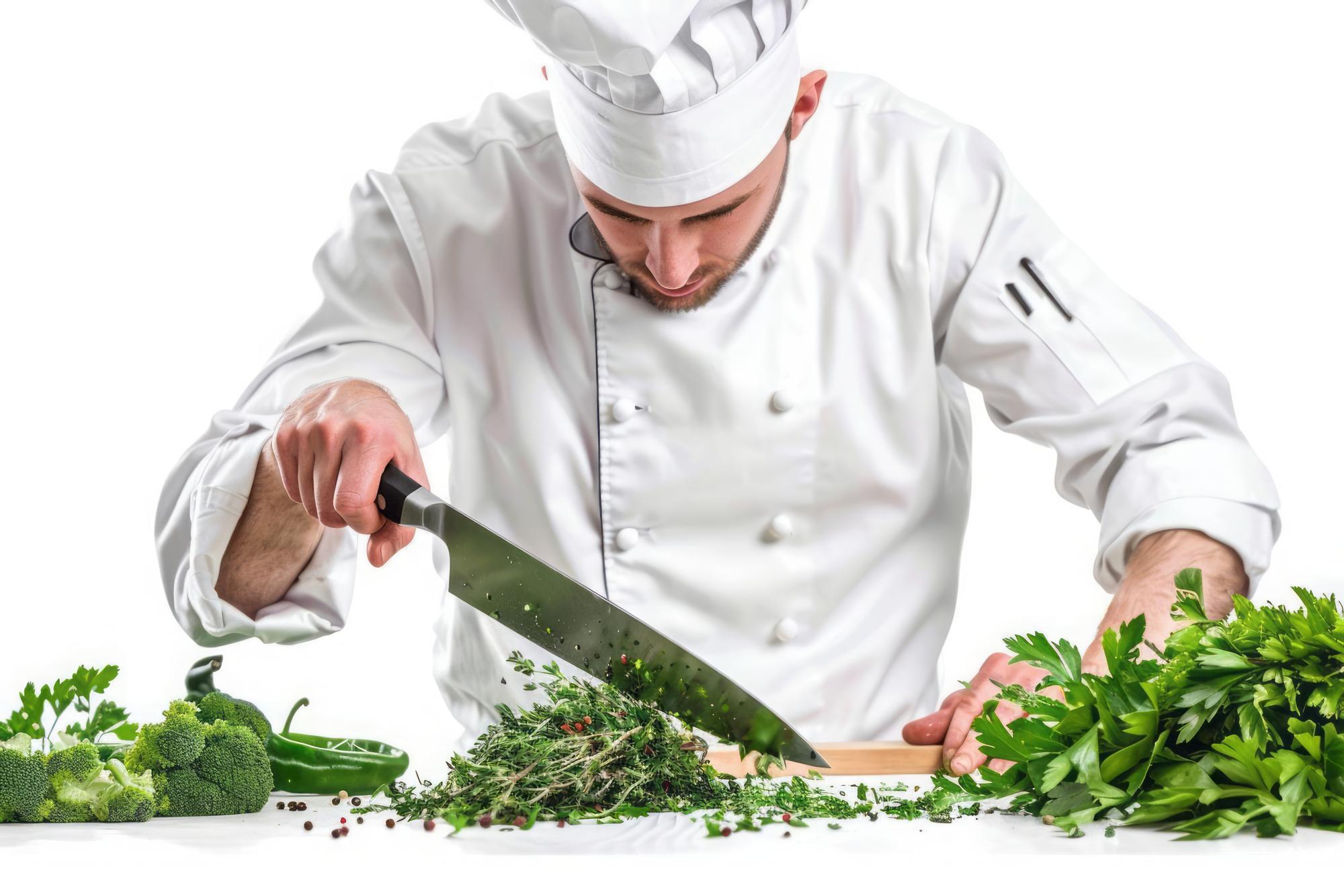 Student chopping herbs quickly